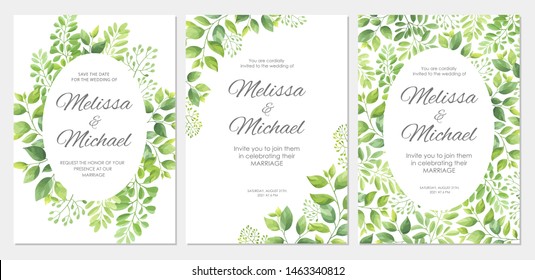 Wedding invitation with green leaves border. Floral invite card template set. Vector illustration.