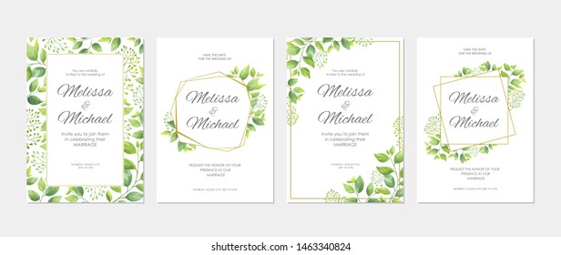 Wedding invitation with green leaves border. Floral invite card template set. Vector illustration.