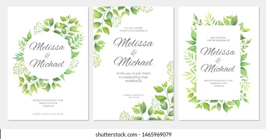 Wedding invitation with green leaves border. Floral invite card template set. Vector illustration.