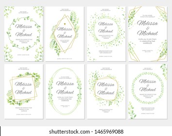 Wedding invitation with green leaves border. Floral invite card template set. Vector illustration.