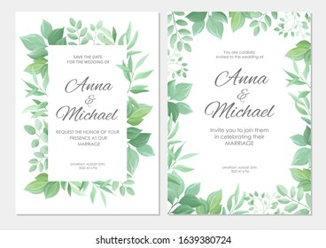 Wedding invitation with green leaves border. Floral invite modern card template set. Vector illustration.