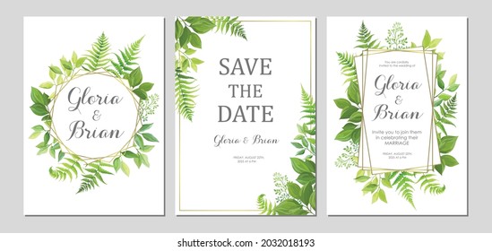 Wedding invitation with green leaves border and geometric frames. Invite card with place for text. Frame with forest herbs. Vector illustration.