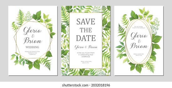 Invitación de casamiento con borde de hojas verdes y marcos geométricos. Invitar la tarjeta con el lugar para el texto. Marco con hierbas del bosque. Ilustración vectorial.