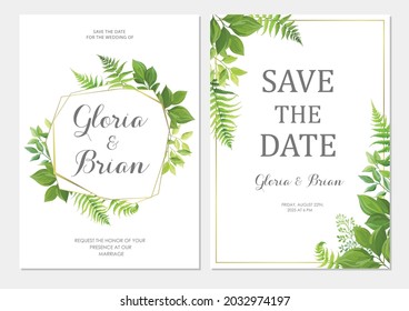 Wedding invitation with green leaves border and geometric frames. Invite card with place for text. Frame with forest herbs. Vector illustration.