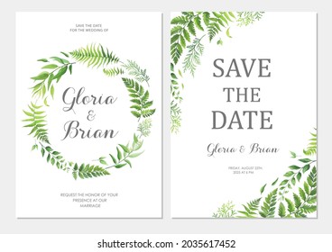 Wedding invitation with green leaves border. Invite card with place for text. Frame with forest herbs. Vector illustration.