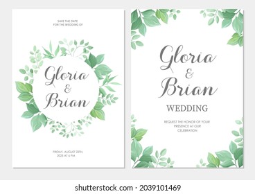 Wedding invitation with green leaves border. Invite card with place for text. Frame with forest herbs. Vector illustration.