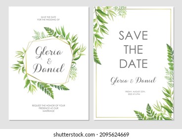 Wedding invitation with green leaves border and geometric frames. Invite card with place for text. Frame with forest herbs. Vector illustration.