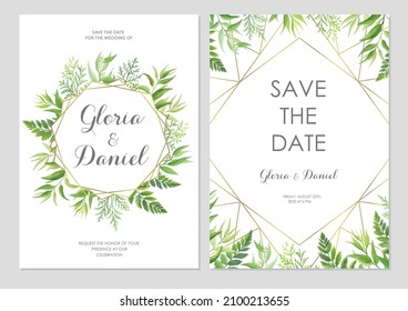 Wedding invitation with green leaves border and geometric frames. Invite card with place for text. Frame with forest herbs. Vector illustration.