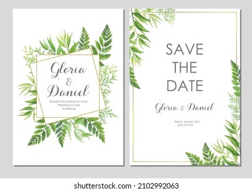 Wedding invitation with green leaves border and geometric frames. Invite card with place for text. Frame with forest herbs. Vector illustration.