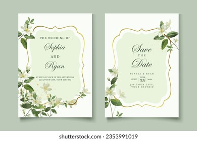 Invitación a la boda con borde de hojas verdes. Juego de plantillas de tarjetas de invitación floral. Ilustración vectorial.