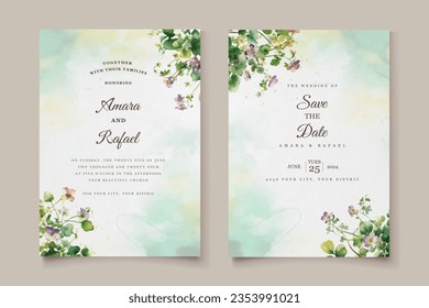 Invitación a la boda con borde de hojas verdes. Juego de plantillas de tarjetas de invitación floral. Ilustración vectorial.