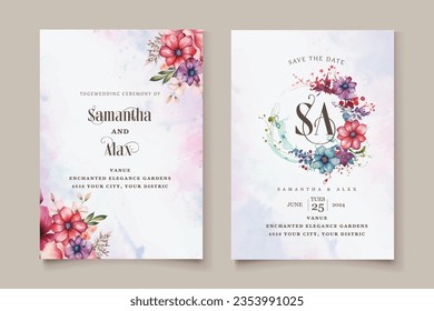 Wedding invitation with green leaves border. Floral invite card template set. Vector illustration.