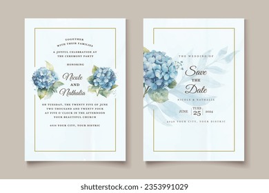 Wedding invitation with green leaves border. Floral invite card template set. Vector illustration.