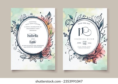 Wedding invitation with green leaves border. Floral invite card template set. Vector illustration.