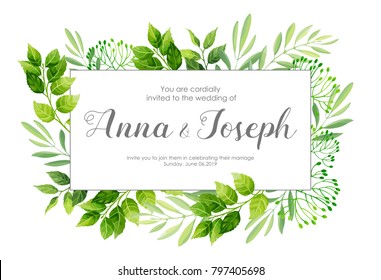 Wedding invitation with green leaves border. Vector illustration.