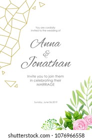 Wedding invitation. Green leaves and flowers geometric frame. Floral background. Vector illustration.