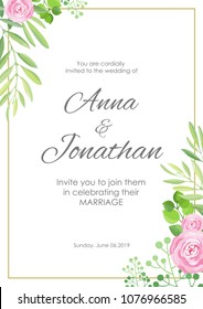 Wedding invitation. Green leaves and flowers frame template. Vector illustration.