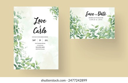 wedding invitation for a wedding with green leaves and flowers