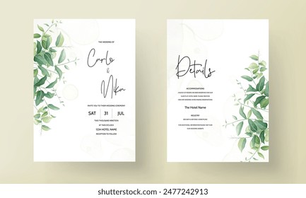 wedding invitation for a wedding with green leaves and flowers