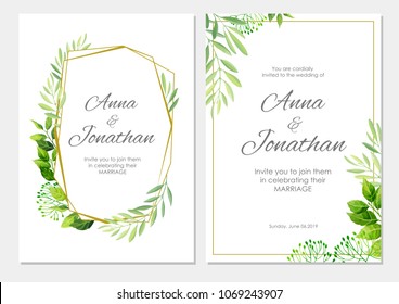 Wedding invitation with green leaves  and geometric border. Floral invite modern card template set. Vector illustration.