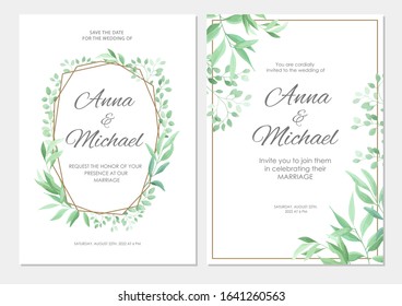 Wedding invitation with green leaves geometric border. Floral invite modern card template set. Vector illustration.