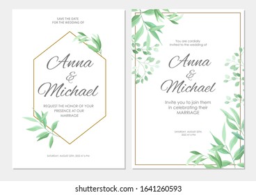 Wedding invitation with green leaves geometric border. Floral invite modern card template set. Vector illustration.