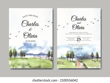 Wedding invitation of green nature landscape with garden fence and road watercolor