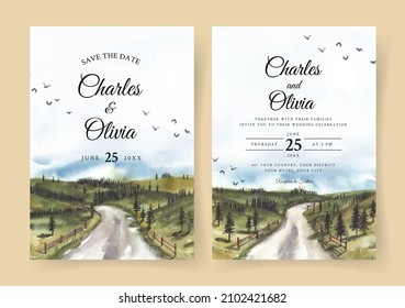 Wedding invitation of green nature landscape with road and fence watercolor