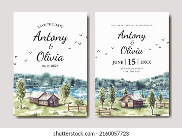 Wedding Invitation Of Green Nature Landscape With House And Lake View Watercolor