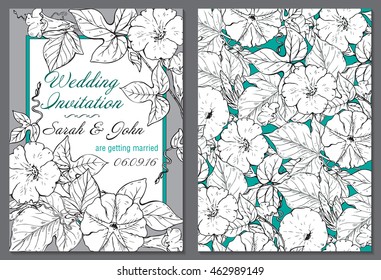 Wedding invitation green and white hand drawn bindweed flowers. Flourish card with copy space.