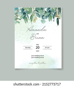 Invitación a la boda con vegetación y eucalipto