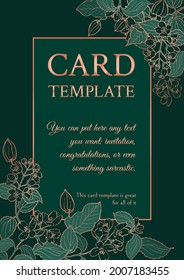 Wedding invitation. Greenery greeting card template design, metallic copper flowers with emerald green background