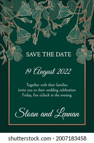 Wedding invitation. Greenery greeting card template design, metallic copper flowers with emerald green background