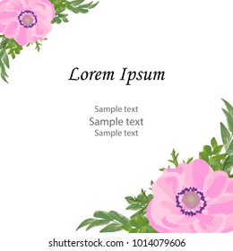 Wedding invitation, greeting birthday.Floral design invitation card: green leaves  greenery decoration of Galega,blooming flowers pink Anemone.Empty space for text.Vector, isolated,white background
