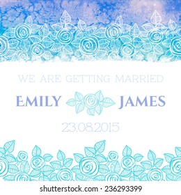 Wedding invitation or greeting card with abstract roses and watercolor background. Vector illustration.