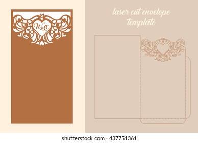 Invitación de boda o tarjeta de felicitación con adorno abstracto. Plantilla de envoltorio vectorial para corte láser.  Tarjeta cortada de papel con silueta. Panel de silueta de corte. Cortando archivo.