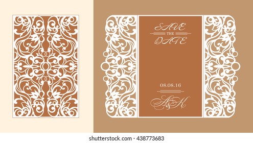 Wedding invitation or greeting card with abstract ornament. Vector envelope template for laser cutting.  Paper cut card with silhouette. Cutout silhouette panel. Cutting file.