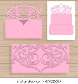 Wedding invitation or greeting card with abstract ornament. Vector envelope template for laser cutting. Paper cut card with silhouette. 