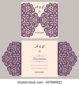 Wedding invitation or greeting card with abstract ornament. Vector envelope template for laser cutting. Paper cut card with silhouette. Cutout silhouette panel. Cutting file.