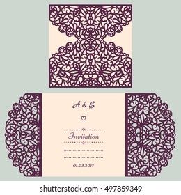 Wedding invitation or greeting card with abstract ornament. Vector envelope template for laser cutting. Paper cut card with silhouette. Cutout silhouette panel. Cutting file