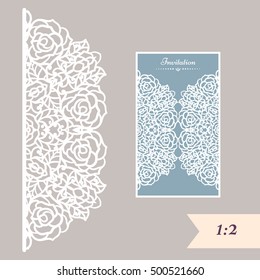 Wedding invitation or greeting card with abstract ornament. Vector envelope template for laser cutting. Paper cut card with silhouette. Cutout silhouette panel. Cutting file.