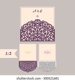 Wedding invitation or greeting card with abstract ornament. Vector envelope template for laser cutting. Paper cut card with silhouette. Cutout silhouette panel. Cutting file.