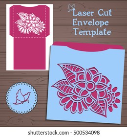 Wedding invitation or greeting card with abstract ornament. Vector envelope template for laser cutting. Paper cut card with silhouette.