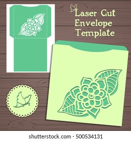 Wedding invitation or greeting card with abstract ornament. Vector envelope template for laser cutting. Paper cut card with silhouette.