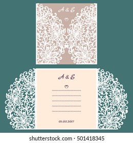Wedding invitation or greeting card with abstract ornament. Vector envelope template for laser cutting. Paper cut card with silhouette. Cutout silhouette panel. Cutting file.