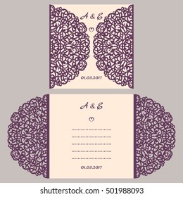 Wedding invitation or greeting card with abstract ornament. Vector envelope template for laser cutting. Paper cut card with silhouette. Cutout silhouette panel. Cutting file.