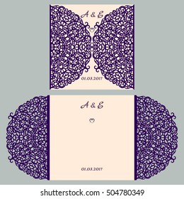 Wedding invitation or greeting card with abstract ornament. Vector envelope template for laser cutting. Paper cut card with silhouette. Cutout silhouette panel. Cutting file.