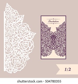 Wedding invitation or greeting card with abstract ornament. Vector envelope template for laser cutting. Paper cut card with silhouette. Cutout silhouette panel. Cutting file.