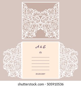 Wedding invitation or greeting card with abstract ornament. Vector envelope template for laser cutting. Paper cut card with silhouette. Cutout silhouette panel. Cutting file.