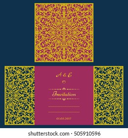 Wedding invitation or greeting card with abstract ornament. Vector envelope template for laser cutting. Paper cut card with silhouette. Cutout silhouette panel. Cutting file.